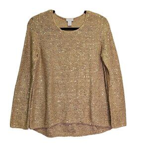 Chicos Gold Sequin Knit Sweater Size 1 M Metallic Holiday Party New Years